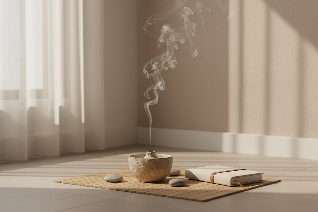 A professional meditation sanctuary setup with incense holders and aroma diffusers, by Bloomnest.