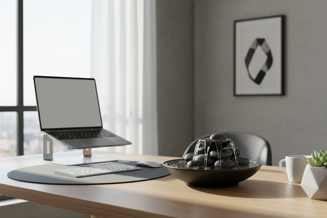 A minimalist ceramic indoor desk fountain with natural water flow on a modern WFH office desk, by Bloomnest.