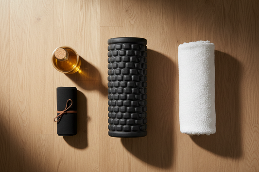 Foam roller, massage oil, and stretching band for home muscle recovery ritual