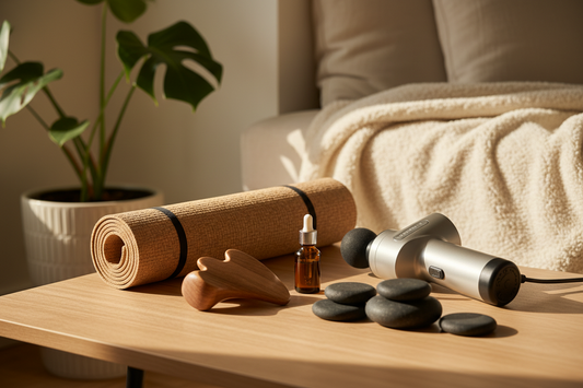 A professional home wellness sanctuary featuring massage tools, bath bombs, and singing bowls, by Bloomnest.