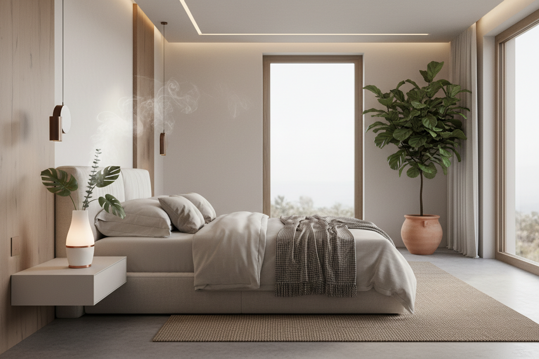 A professional bedroom sanctuary featuring aroma diffusers, singing bowls, and incense holders, by Bloomnest.