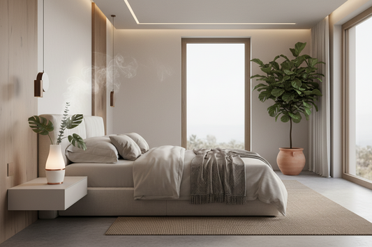 A professional bedroom sanctuary featuring aroma diffusers, singing bowls, and incense holders, by Bloomnest.