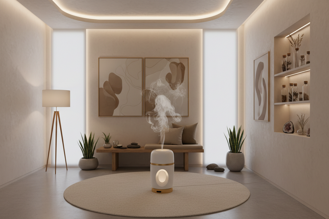A professional healing sanctuary featuring aroma diffusers, scent candle, and incense holders, by Bloomnest.