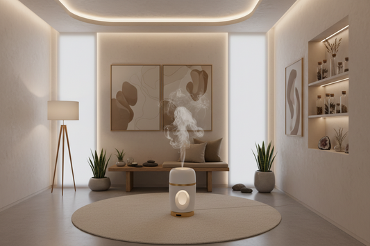 A professional healing sanctuary featuring aroma diffusers, scent candle, and incense holders, by Bloomnest.