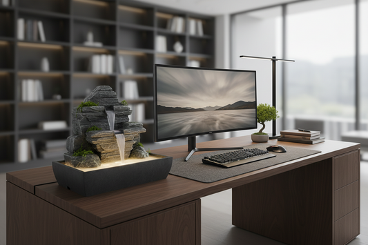 A professional home office sanctuary featuring desk fountains, aroma diffusers, and journals, by Bloomnest.