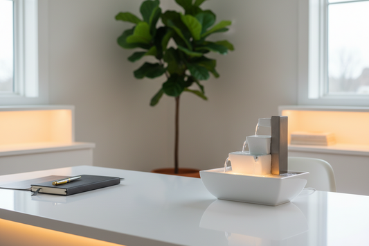 A professional workspace sanctuary featuring desk fountains, journals, and massage tools, by Bloomnest.
