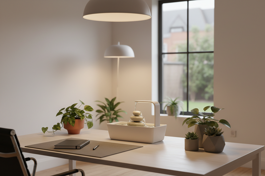 A professional workspace sanctuary featuring desk fountains, journals, and massage tools, by Bloomnest.