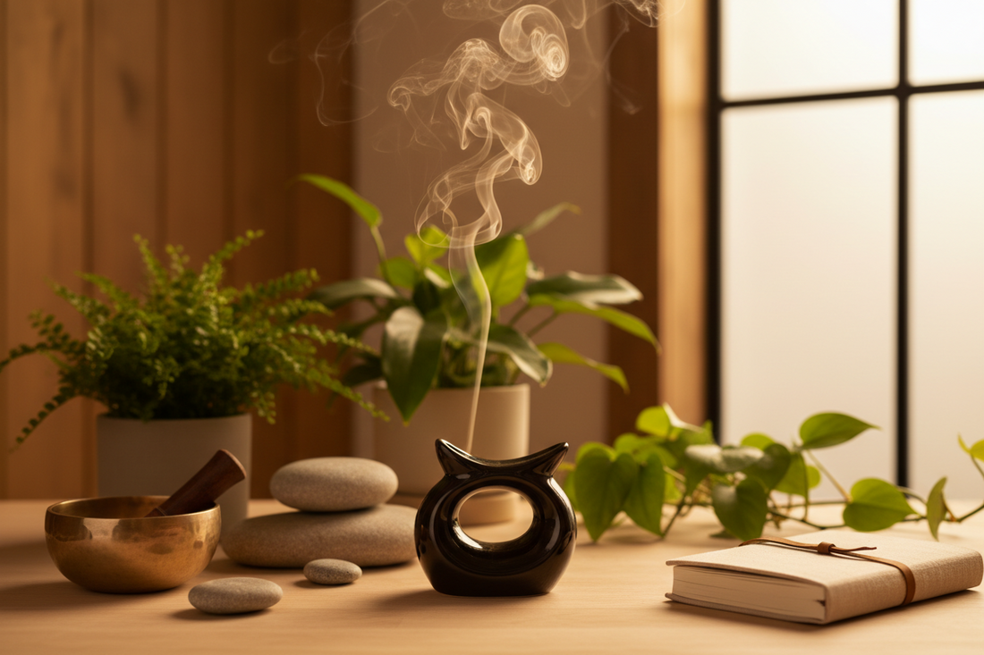 A professional home wellness sanctuary featuring incense holders, singing bowls, and journals, by Bloomnest.