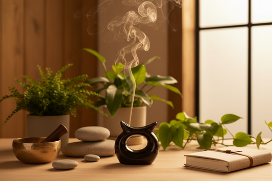 A professional home wellness sanctuary featuring incense holders, singing bowls, and journals, by Bloomnest.