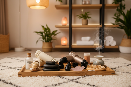 A professional home wellness sanctuary featuring massage tools, scent candles, and bath bombs, by Bloomnest.