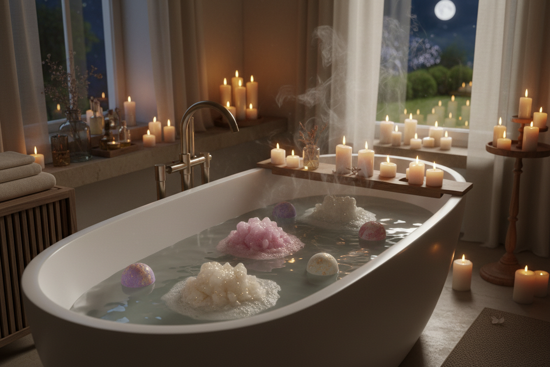 A professional home spa sanctuary featuring bath bombs, aroma diffusers, and singing bowls, by Bloomnest.