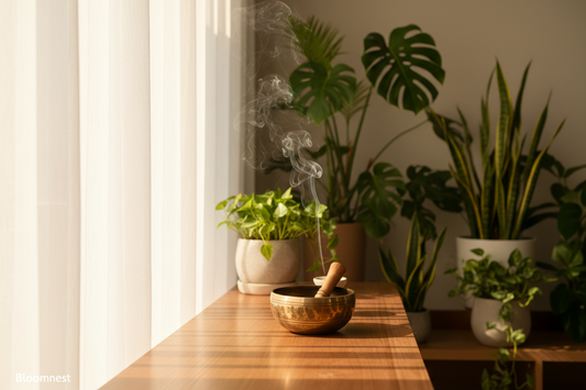A professional healing sanctuary featuring singing bowls, aroma diffusers, and incense holders, by Bloomnest.
