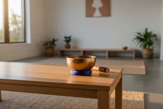 A professional sound healing setup featuring singing bowls and aroma diffusers, by Bloomnest.