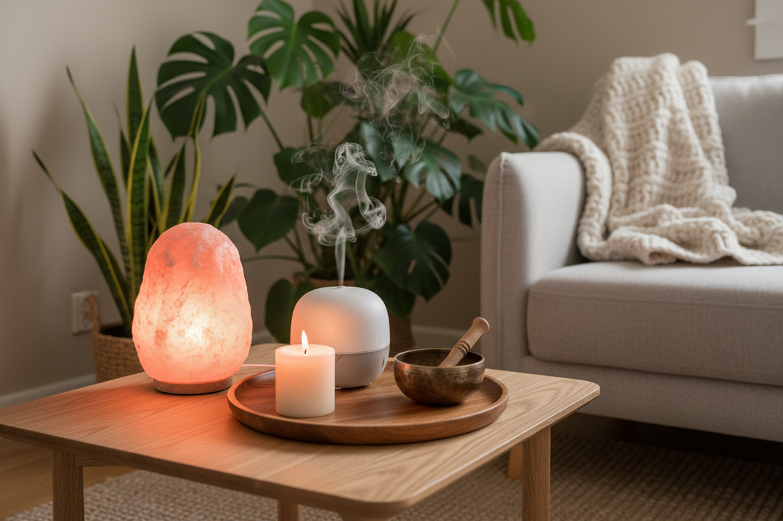 A cozy home wellness sanctuary with a Himalayan salt lamp, aroma diffuser, scented candle, and singing bowl arranged on a wooden tray with soft warm lighting