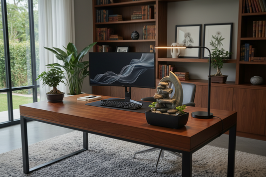 A professional home office wellness sanctuary featuring desk fountains, aroma diffusers, and journals, by Bloomnest.