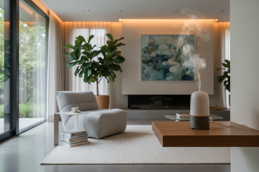 A professional home wellness sanctuary featuring aroma diffusers, scent candles, and singing bowls, by Bloomnest.