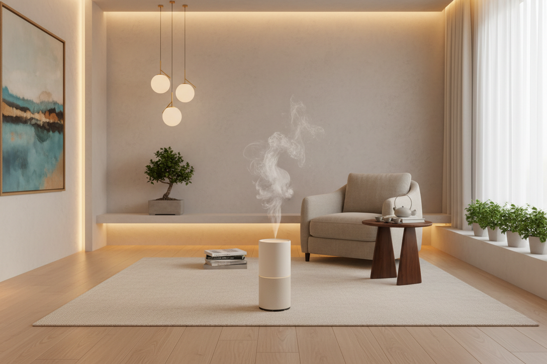 A professional home wellness sanctuary featuring aroma diffusers, scent candle, and singing bowls, by Bloomnest.