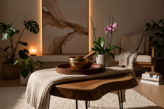 A professional home wellness sanctuary featuring singing bowls, aroma diffusers, and incense holders, by Bloomnest.