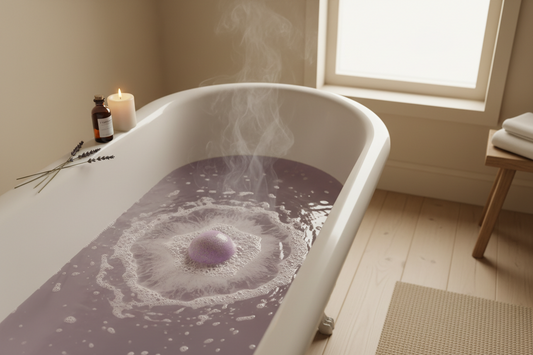 Best bath bombs for Labor Day stress relief — lavender bath bomb dissolving in warm bathtub with candle and essential oils