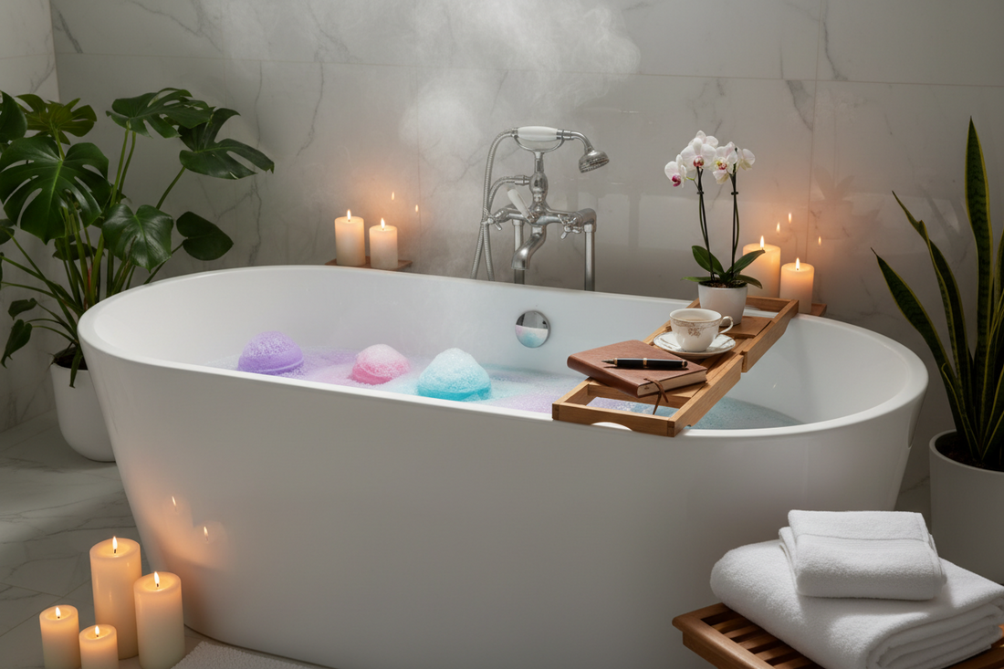 A professional home spa setup with bath bombs and aroma diffusers, by Bloomnest.