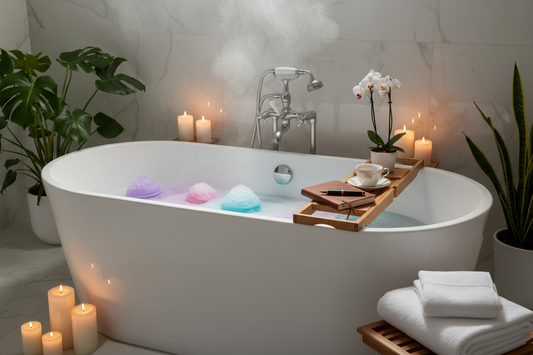A professional home spa setup with bath bombs and aroma diffusers, by Bloomnest.