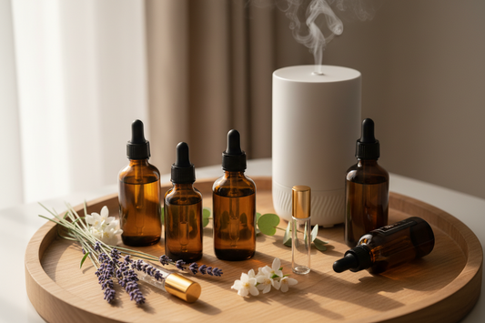A flat lay of essential oil and diffuser oil bottles on a wooden tray with lavender, eucalyptus, and a white ultrasonic diffuser — aromatherapy home fragrance guide