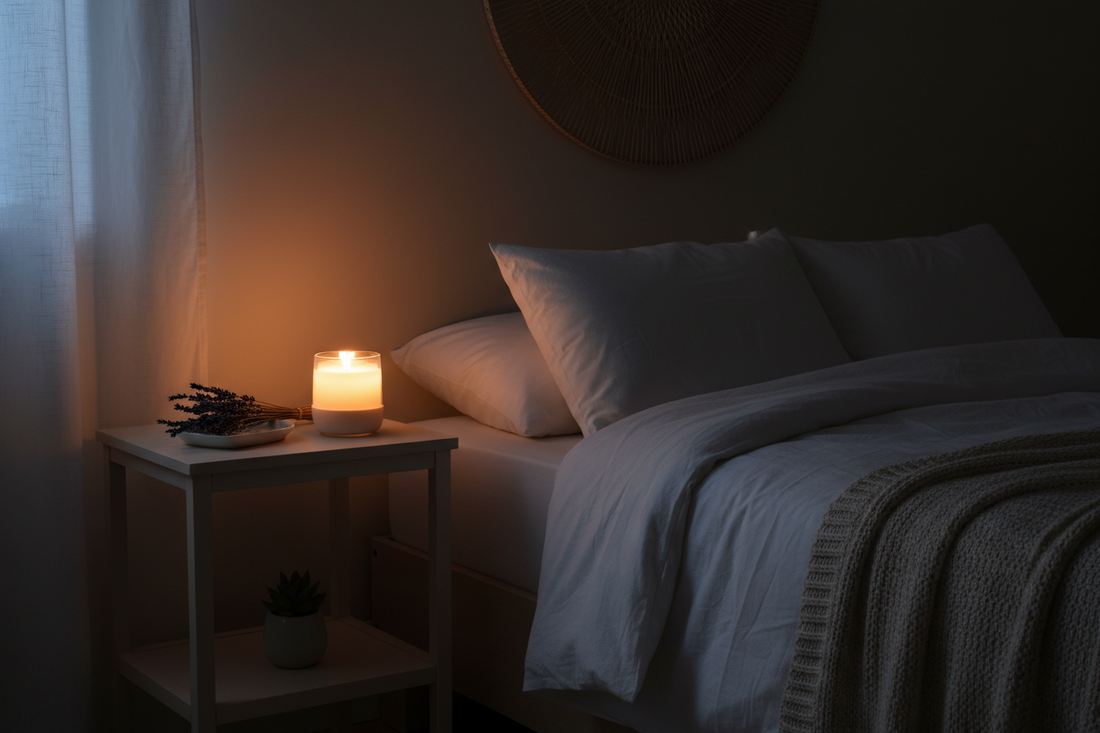 Scented candle burning on a nightstand in a calm bedroom for sleep relaxation