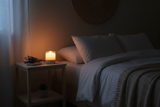 Scented candle burning on a nightstand in a calm bedroom for sleep relaxation