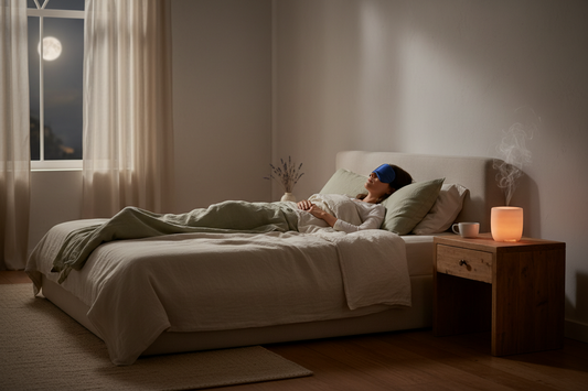 Person wearing a silk sleep mask in a calm, softly lit bedroom on a summer night