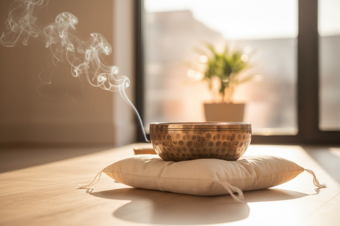 A hand-crafted metallic singing bowl on a linen cushion inside a sunlit minimalist room for deep meditation.
