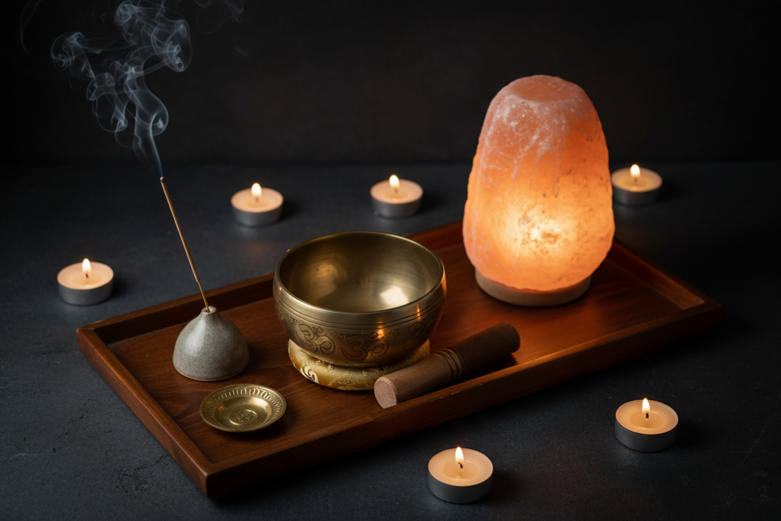 Singing bowl, Himalayan salt lamp, and incense stick arranged for an evening burnout relief ritual