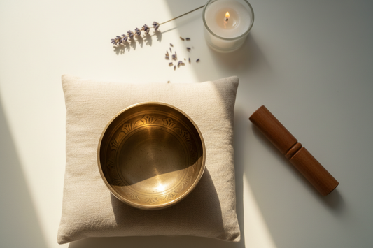 Tibetan singing bowl set with wooden mallet and linen cushion for stress relief and sound healing at home