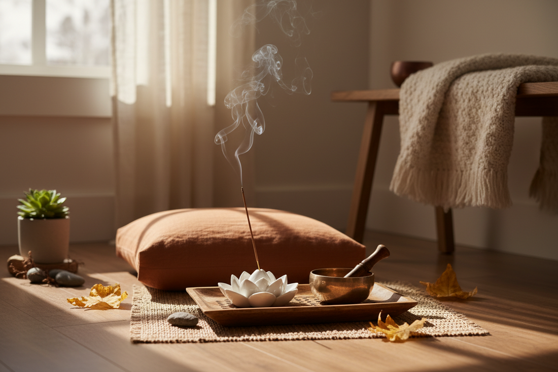 Home meditation space setup with incense holder and singing bowl for fall mindfulness practice
