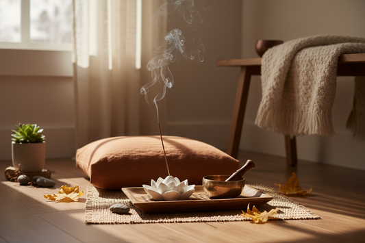 Home meditation space setup with incense holder and singing bowl for fall mindfulness practice