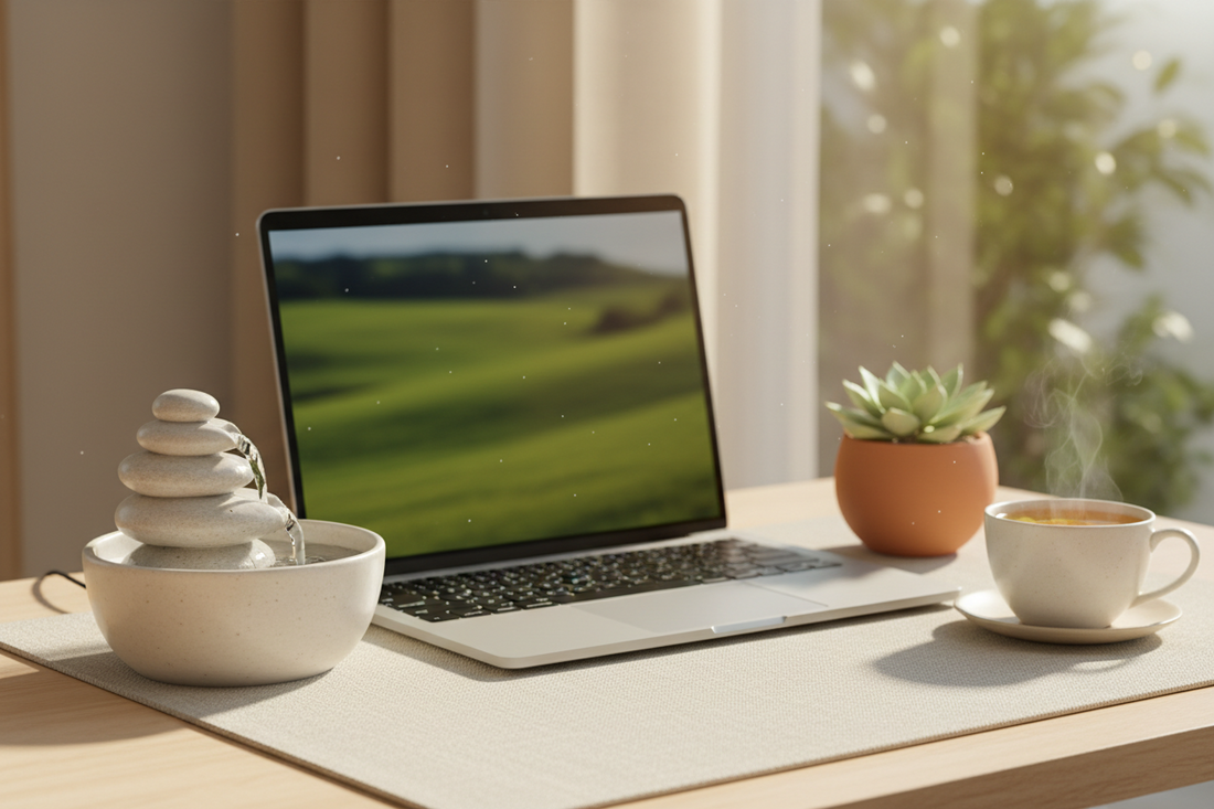 Ceramic desktop fountain on a calm home office desk with warm ambient lighting and herbal tea