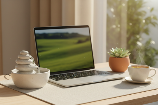 Ceramic desktop fountain on a calm home office desk with warm ambient lighting and herbal tea
