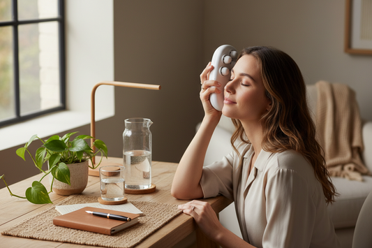 Woman using an electric scalp massager at her home office desk for stress relief