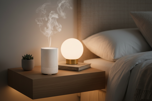 A minimalist ceramic aroma diffuser emitting gentle mist on a cozy bedroom nightstand with warm golden lighting, by Bloomnest.