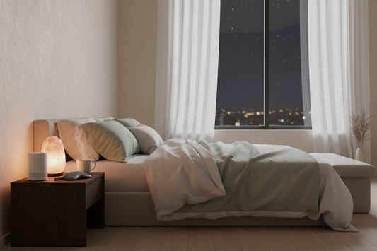 Cozy bedroom sleep sanctuary with warm lighting, white noise machine, herbal tea, and sleep mask on a nightstand