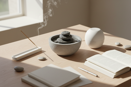Wellness desk setup with desktop fountain, incense holder, and white noise machine for back-to-school focus and stress relief