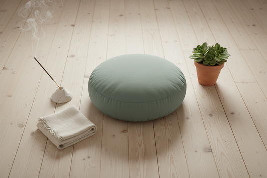 Meditation cushion with incense and yoga mat for beginner home meditation practice