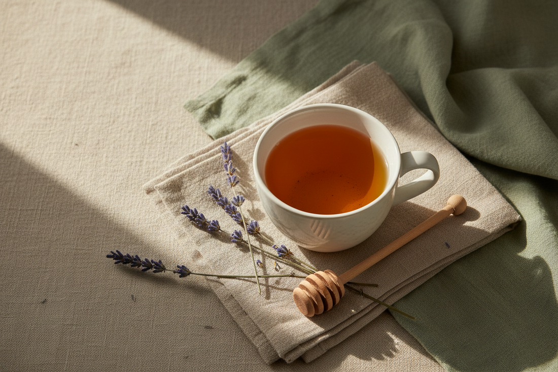 Herbal tea flat lay with chamomile and lavender for back-to-school stress relief