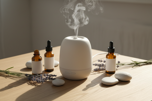Ultrasonic aroma diffuser with white mist surrounded by essential oil bottles, dried lavender, and stones on a wooden surface