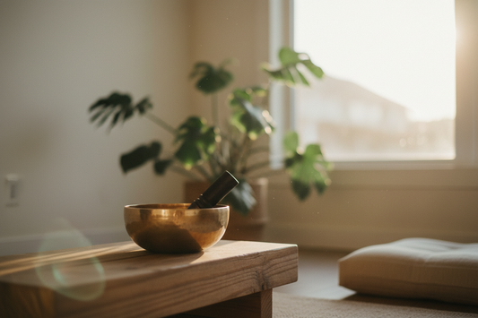 A professional-grade singing bowl and aroma diffuser set in a peaceful meditation corner, by Bloomnest.