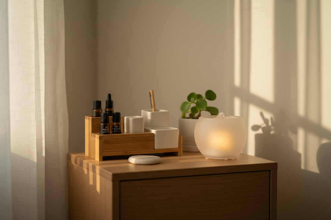 Minimalist home wellness interior featuring professional high-density massage tools and a glowing scent candle on a clean wooden floor with soft morning light.
