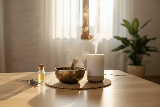 A minimalist wooden table featuring premium therapeutic items like a singing bowl and relaxation accessories in elegant morning light, by Bloomnest.