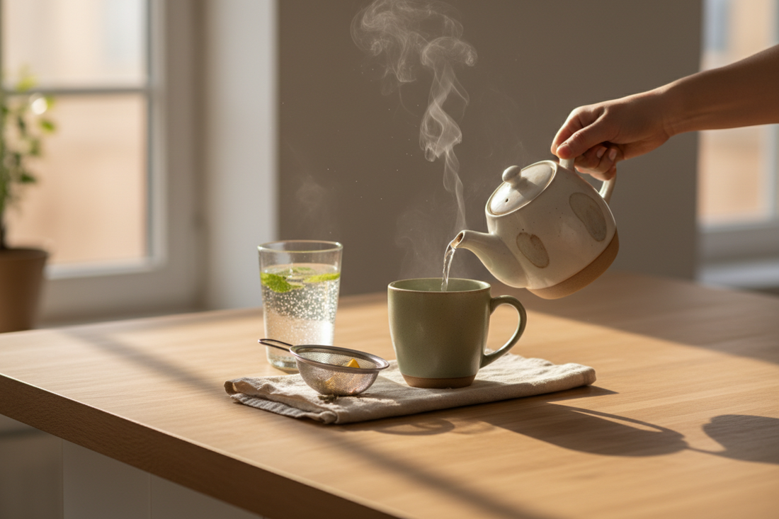 Ceramic teapot and tea infuser on a morning wellness kitchen counter — Bloomnest morning routine guide