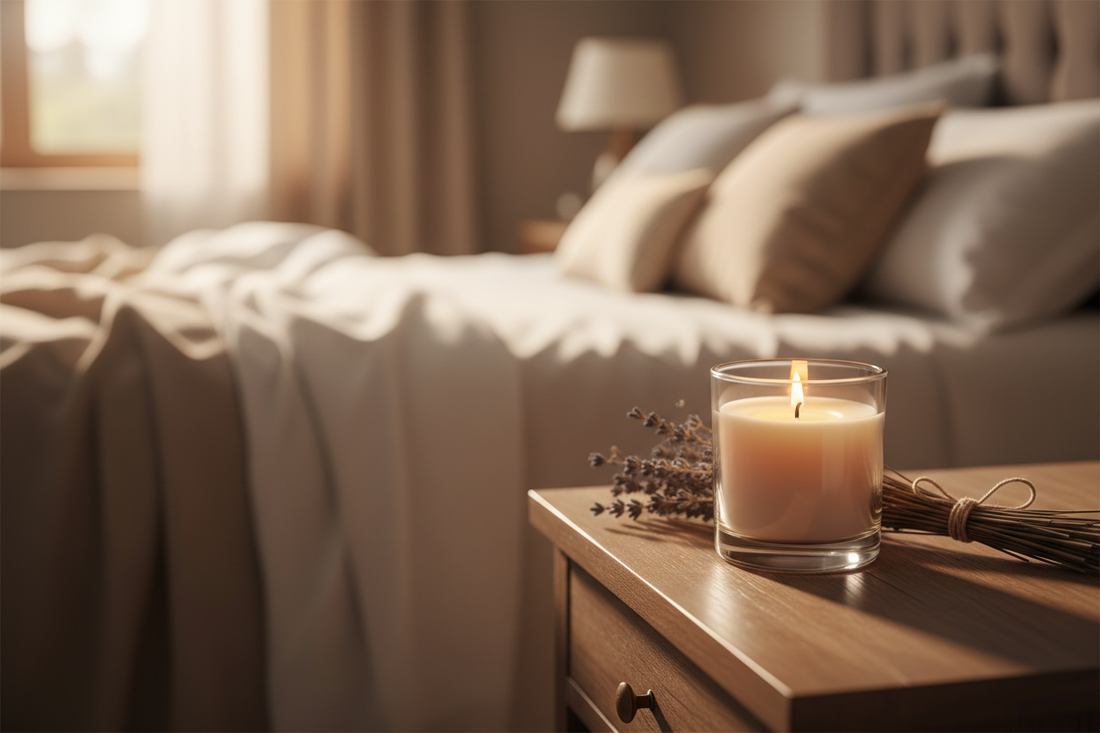 Lit scented candle on a wooden nightstand with dried lavender, warm summer evening bedroom ambiance