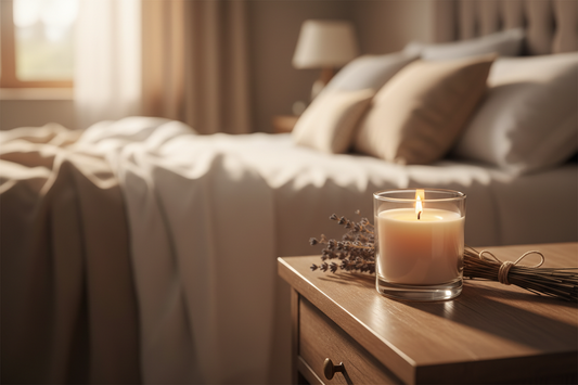 Lit scented candle on a wooden nightstand with dried lavender, warm summer evening bedroom ambiance