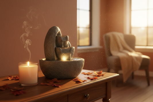 Tabletop water fountain with LED lights on a wooden table in a cozy fall living room